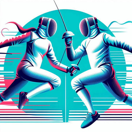 Fencing sport poster. Vector illustration of two female fencers with swords.のイラスト素材