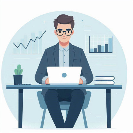 Businessman working with laptop in office. Vector illustration in flat styleのイラスト素材