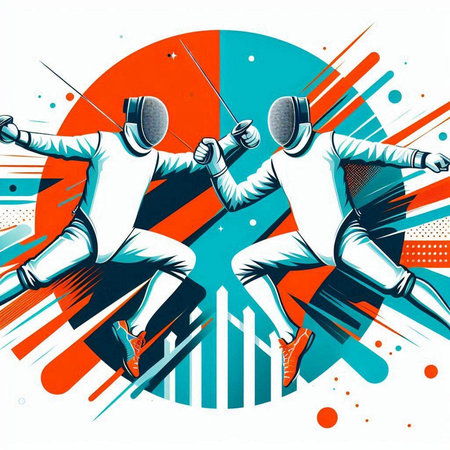 Fencing sport. Fencing players in action. Vector illustration.のイラスト素材