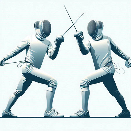 Fencing. Two fencing athletes with swords. 3d illustration.のイラスト素材