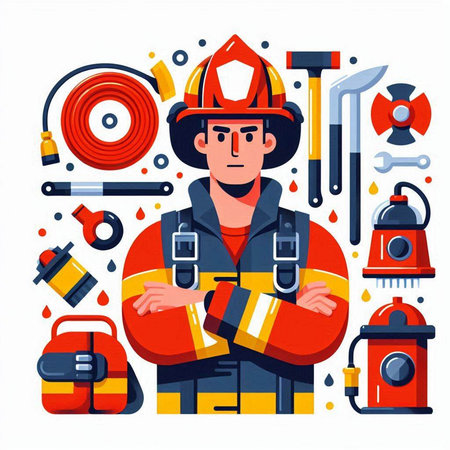 Firefighter in uniform with tools. Vector illustration in flat style.のイラスト素材