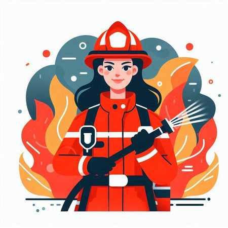 Firefighter woman in uniform holding a fire hose. Flat vector illustration.のイラスト素材