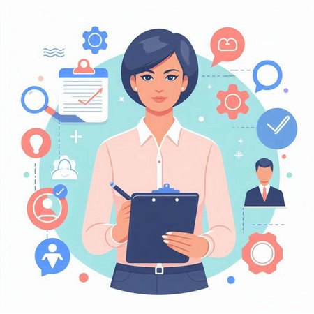 Businesswoman with clipboard and icons. Vector illustration in flat style.のイラスト素材