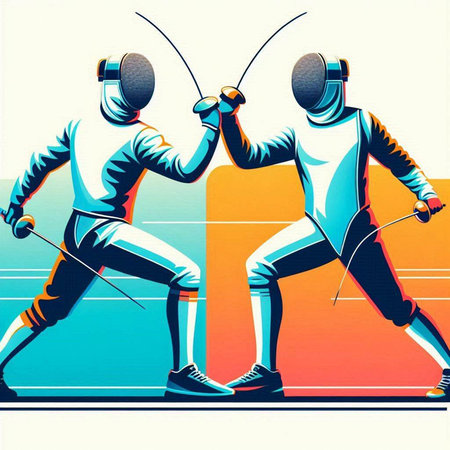 Fencing sport poster with two figures of athletes. Vector illustration.のイラスト素材