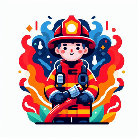Firefighter with fire extinguisher. Vector illustration in a flat styleのイラスト素材