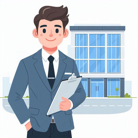Businessman standing in front of office building and holding clipboard. Vector illustration.のイラスト素材