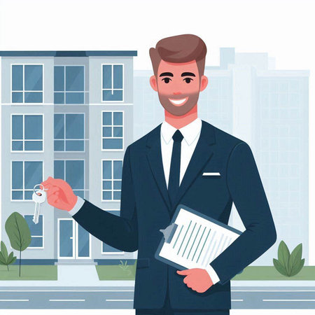 Real estate agent holding keys to new apartment. Vector illustration in cartoon styleのイラスト素材