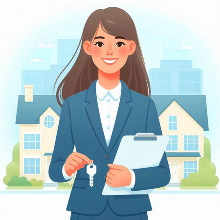Real estate agent woman holding house keys and clipboard. Vector illustration.のイラスト素材