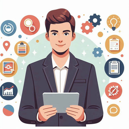 Businessman with tablet computer and business icons around him. Vector illustration.のイラスト素材