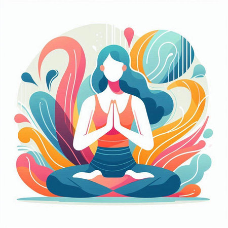 Vector illustration of a woman meditating in lotus pose on abstract colorful backgroundのイラスト素材