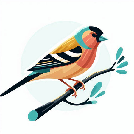 Vector illustration of a bullfinch on a branch with leaves.のイラスト素材