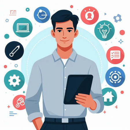 Young man holding tablet computer in hands. Vector illustration in flat styleのイラスト素材
