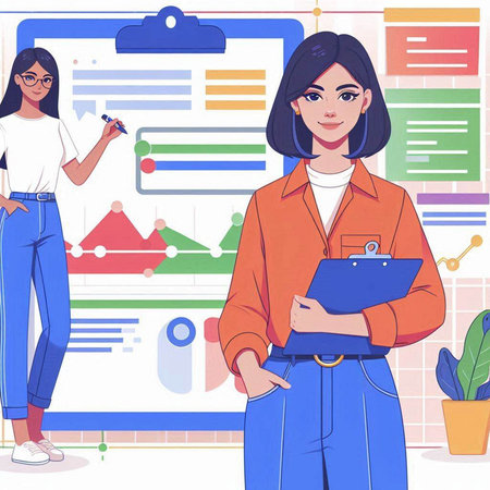 Vector illustration of a businesswoman with a clipboard and a pen.のイラスト素材