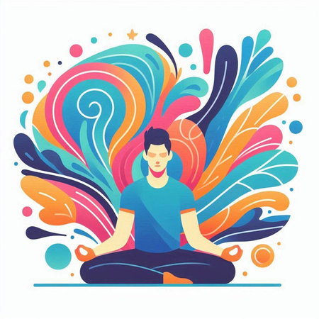 Man meditating in lotus pose. Colorful abstract background. Vector illustrationのイラスト素材