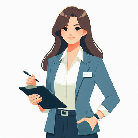 Young business woman with clipboard and pen. Vector illustration in cartoon style.のイラスト素材