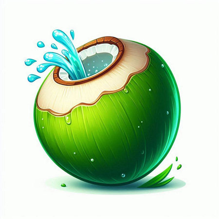Illustration of a fresh coconut with water splash on a white backgroundのイラスト素材