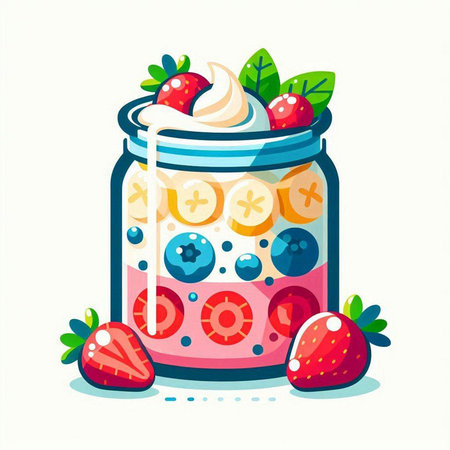 Mason jar with yogurt and strawberries. Vector illustration in cartoon style.のイラスト素材