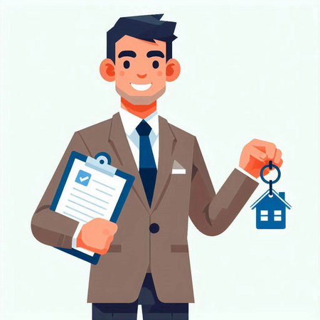Real estate agent holding house keys and clipboard. Vector illustration in cartoon styleのイラスト素材