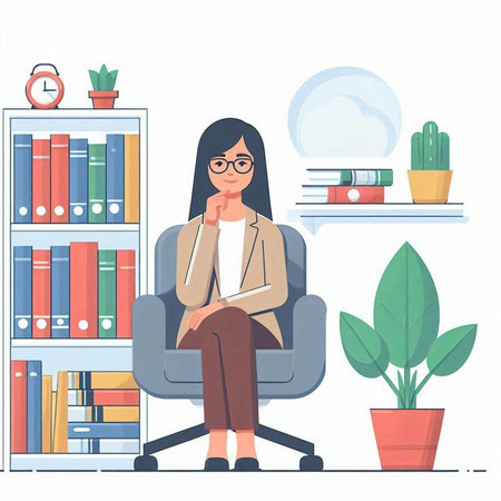 Woman sitting on chair in office. Vector illustration in flat style.のイラスト素材