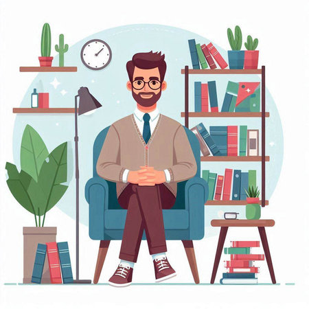 Businessman sitting on armchair in office. Vector illustration in flat styleのイラスト素材