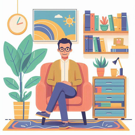 Young man sitting in armchair and relaxing at home, vector illustrationのイラスト素材