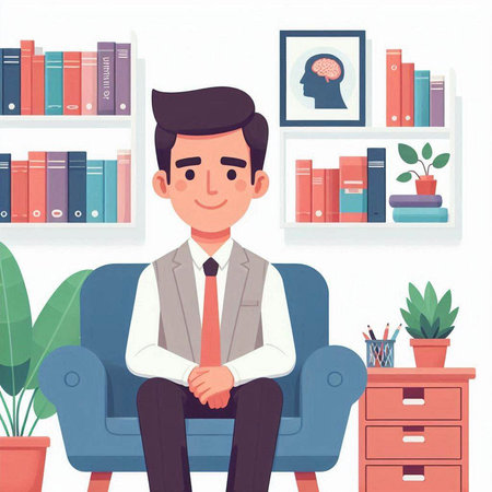 Businessman sitting in armchair and thinking. Vector illustration in flat styleのイラスト素材