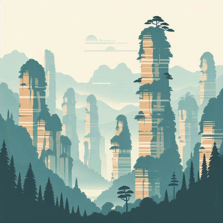 Silhouette of mountains and forest in the mist. Vector illustration.のイラスト素材