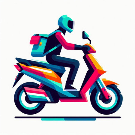 Motorcycle rider with helmet and bag. Colorful vector illustration.のイラスト素材