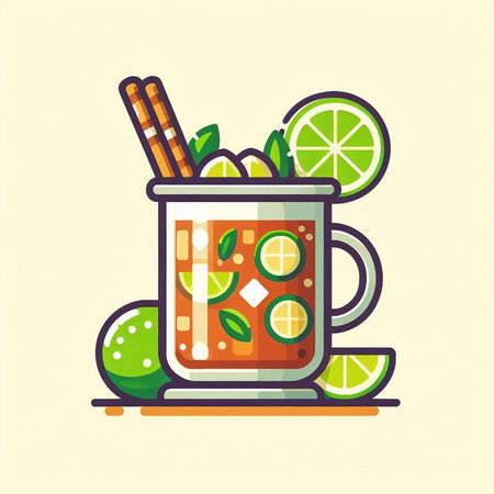 Mojito cocktail with lime and straws. Vector illustration.のイラスト素材