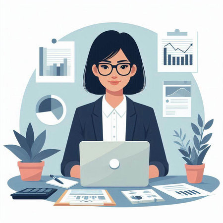 Business woman working with laptop in office. Vector illustration in flat styleのイラスト素材