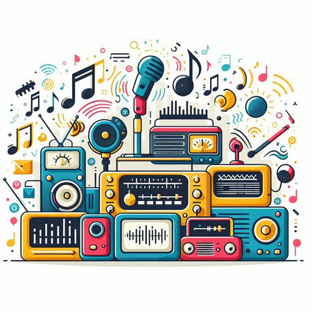 Vector illustration of retro radio set with music notes and microphone in flat style.のイラスト素材