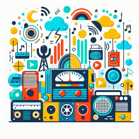 Colorful retro radio set. Vector illustration in doodle styleのイラスト素材