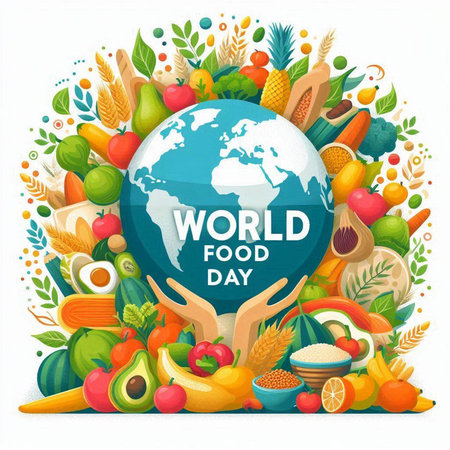 World food day poster with earth globe and fruits and vegetables vector illustrationのイラスト素材