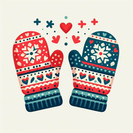 Vector illustration of Christmas mittens with snowflakes and hearts.のイラスト素材