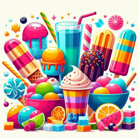 Colorful ice creams, lollipops, jelly candies, lollipops, candieshmallows.のイラスト素材