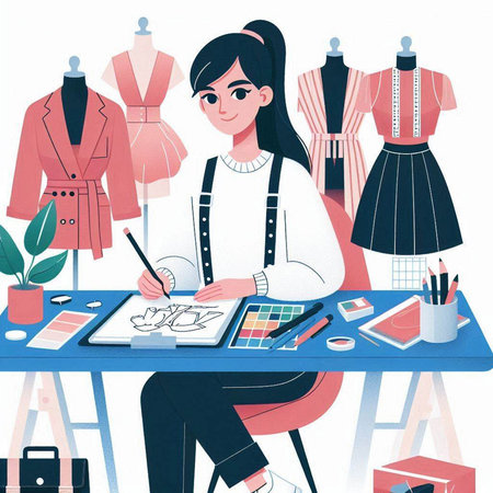 Illustration of a fashion designer working at her desk in her studioのイラスト素材