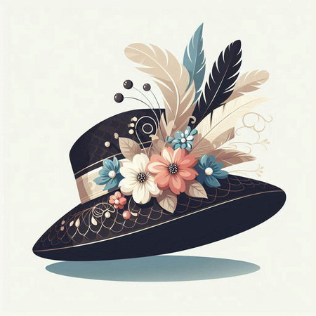 Vintage hat with feathers, flowers and beads. Vector illustration.のイラスト素材