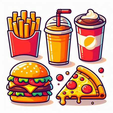 Fast food icons set with hamburger, french fries, soda and pizza. Vector illustrationのイラスト素材
