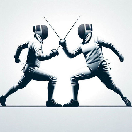 Fencing duel. Two men in fencing suits with swords. 3D renderingのイラスト素材