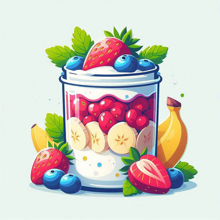 Healthy breakfast. Yogurt with fresh berries and fruits. Vector illustration.のイラスト素材