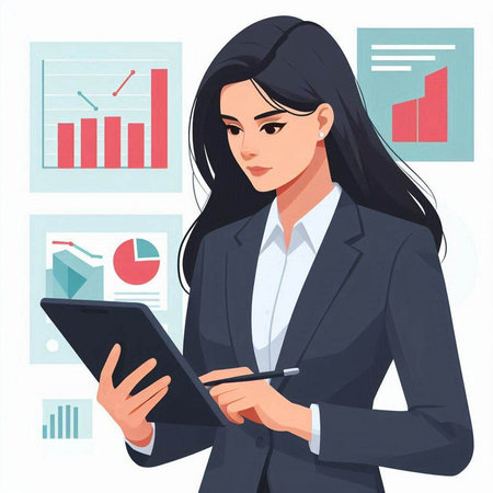 Vector illustration of a businesswoman with a tablet in her hands.のイラスト素材