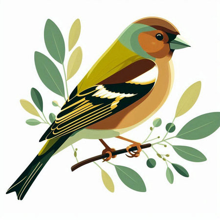 Goldfinch on a branch with olives. Vector illustration.のイラスト素材