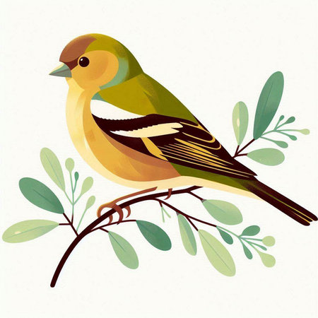 Vector illustration of a chaffinch on a branch with leaves.のイラスト素材