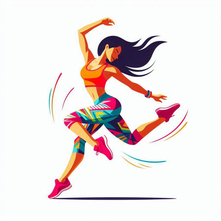 Running woman. Vector illustration of a sporty girl in a colorful dress.のイラスト素材