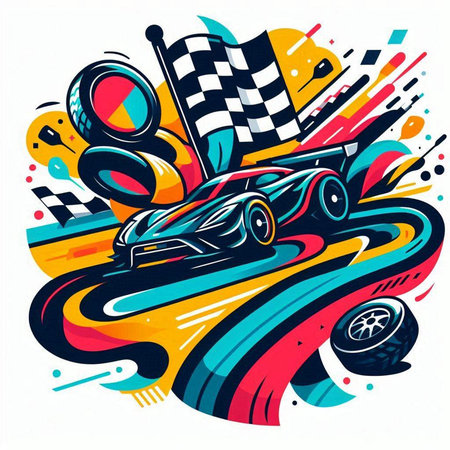Colorful abstract background with racing car and race track elements. Vector illustration.のイラスト素材
