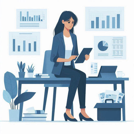 Businesswoman working in office. Vector illustration in a flat style.のイラスト素材