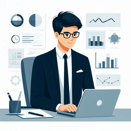 Businessman working with laptop in office. Vector illustration in flat styleのイラスト素材