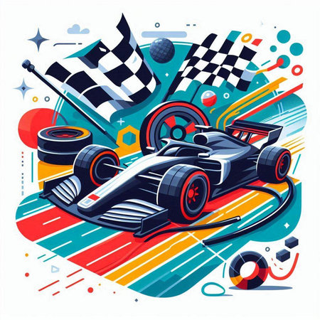 Vector illustration of a racing car on a background of checkered flags.のイラスト素材