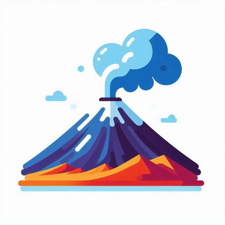 Volcano eruption. Flat vector illustration isolated on a white background.のイラスト素材
