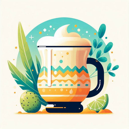 Mug of coffee with cream, lime and leaves. Vector illustration.のイラスト素材